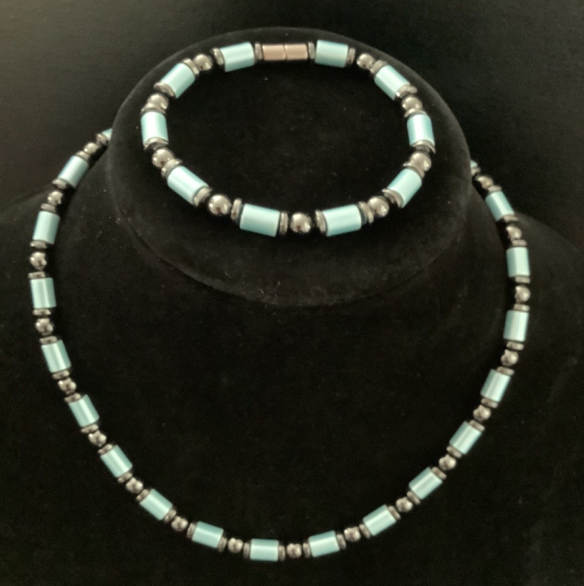 HANDMADE HIGH POWER 100% MAGNETIC HEMATITE BLACK/TURQUOISE NECKLACE MEN’S WOMEN