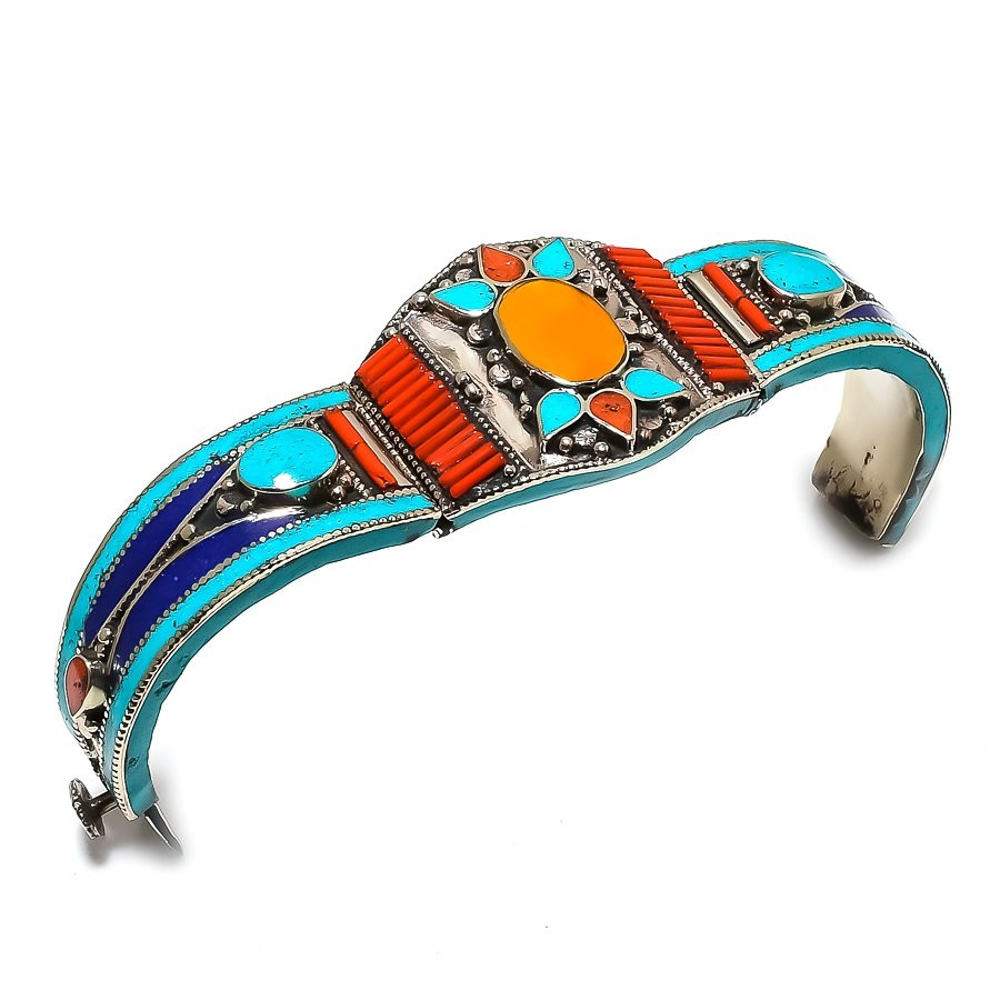 Yellow Coral Turquoise Lapis Lazuli Cuff Statement Vintage Nepali Jewelry NC 731