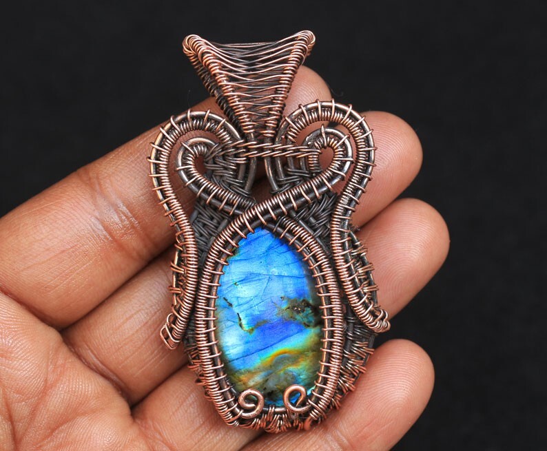 Rare Blue Flash Labradorite Copper Wire Wrap Pendant Jewelry For Gift N232