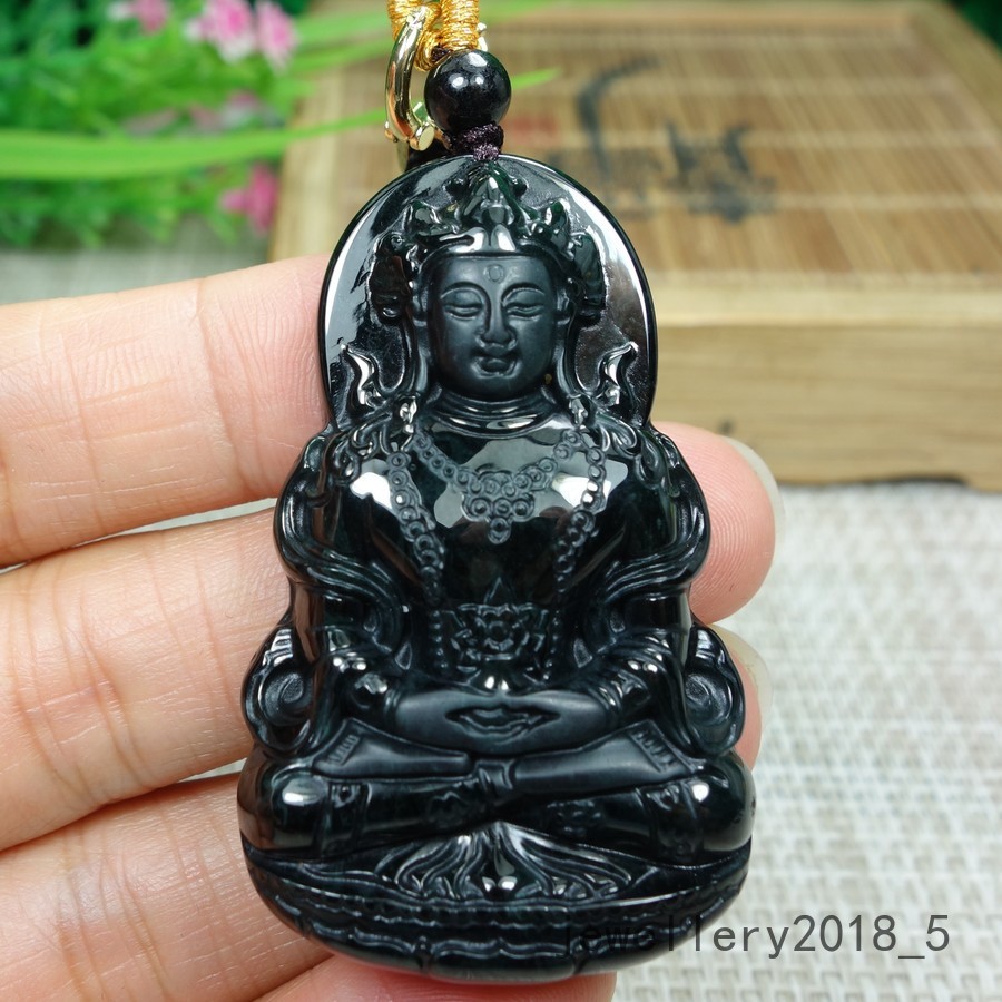 Certified Black Green Burma 100% Natural A jadeite Jade Pendant~Guan Yin 墨翠 渡母观音