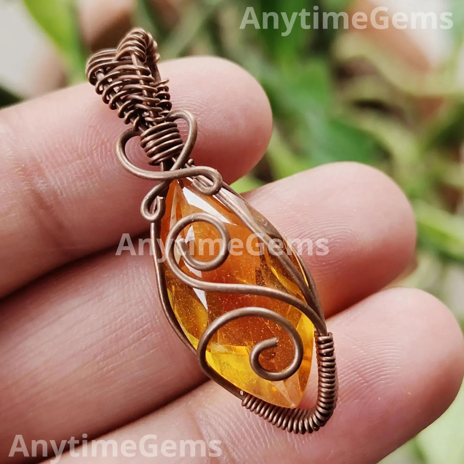 Handmade Copper Wire Wrapped Citrine Glass Stone Pendant Necklace Gift For Her