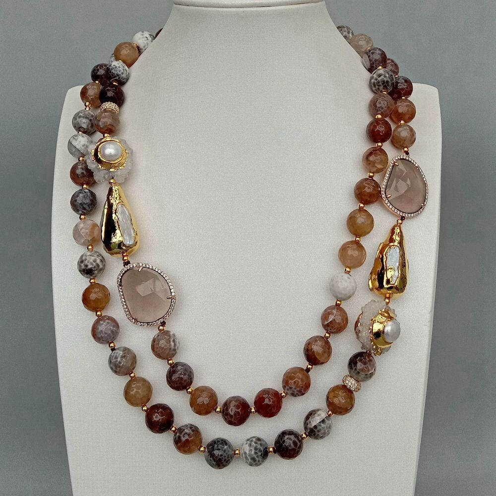 2 Strands Faceted Brown Agate Crystal Pearl Quartz Druzy Necklace 21″