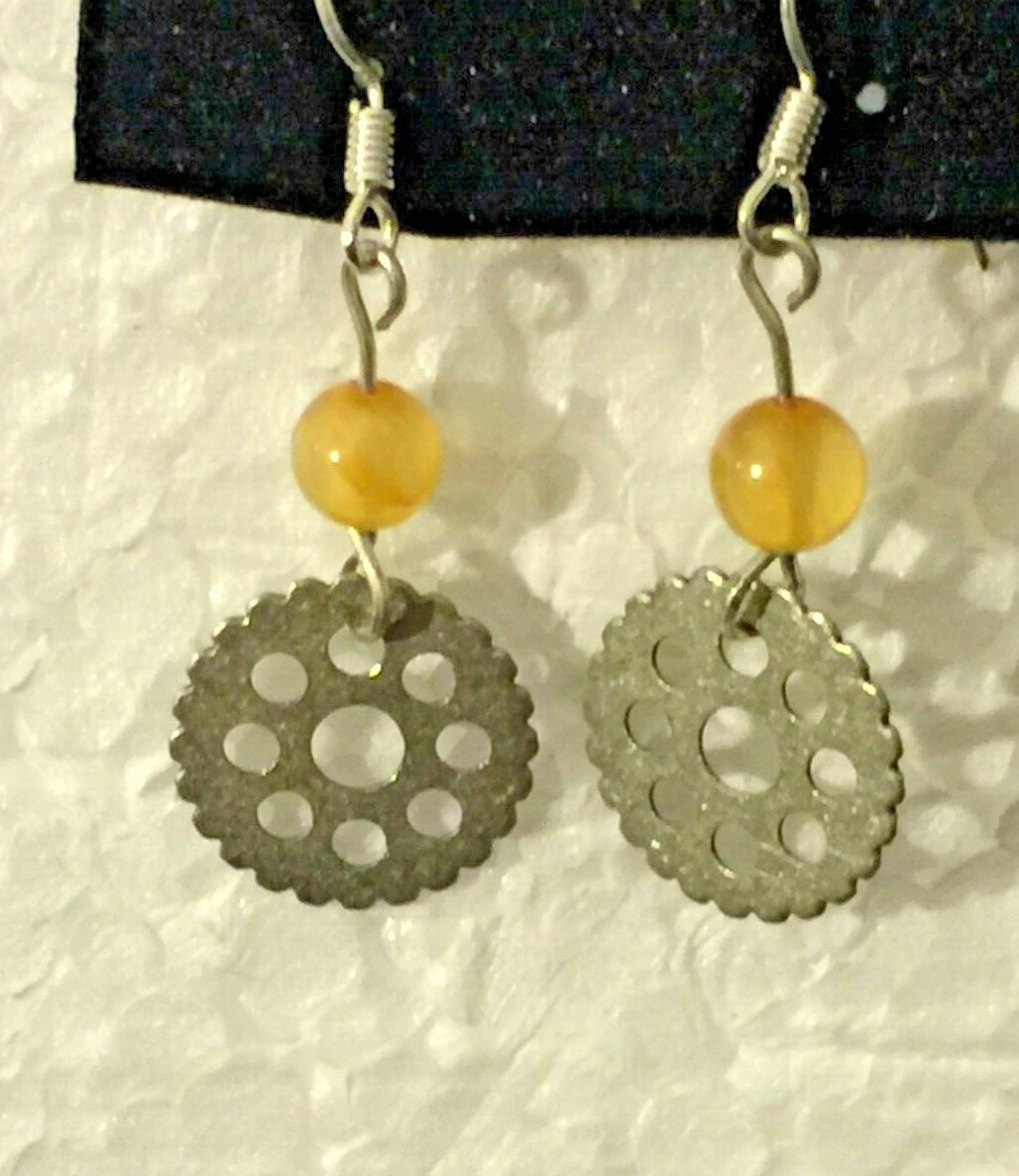Spokes, yellow stones, hook earrings, stone, new unisex jewelry, Steampunk cogs