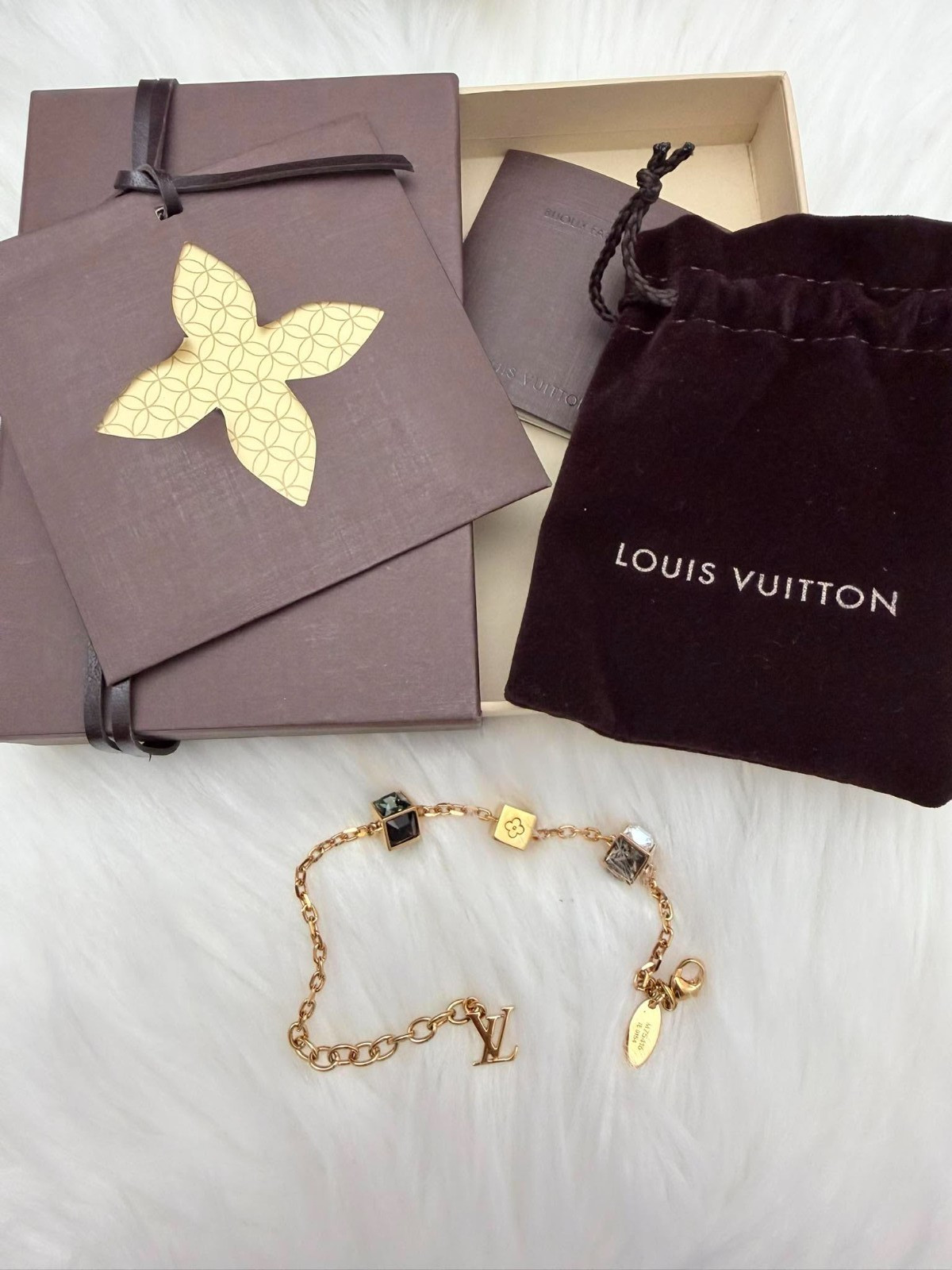 Authentic LOUIS VUITTON Cube Bracelet Gold Tone Crystal Monogram