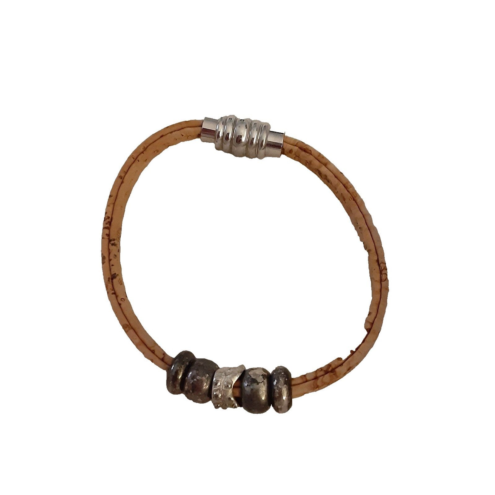 7″ Rustic Cork and Pewter-Tone Beaded Bracelet with Magnetic Clasp