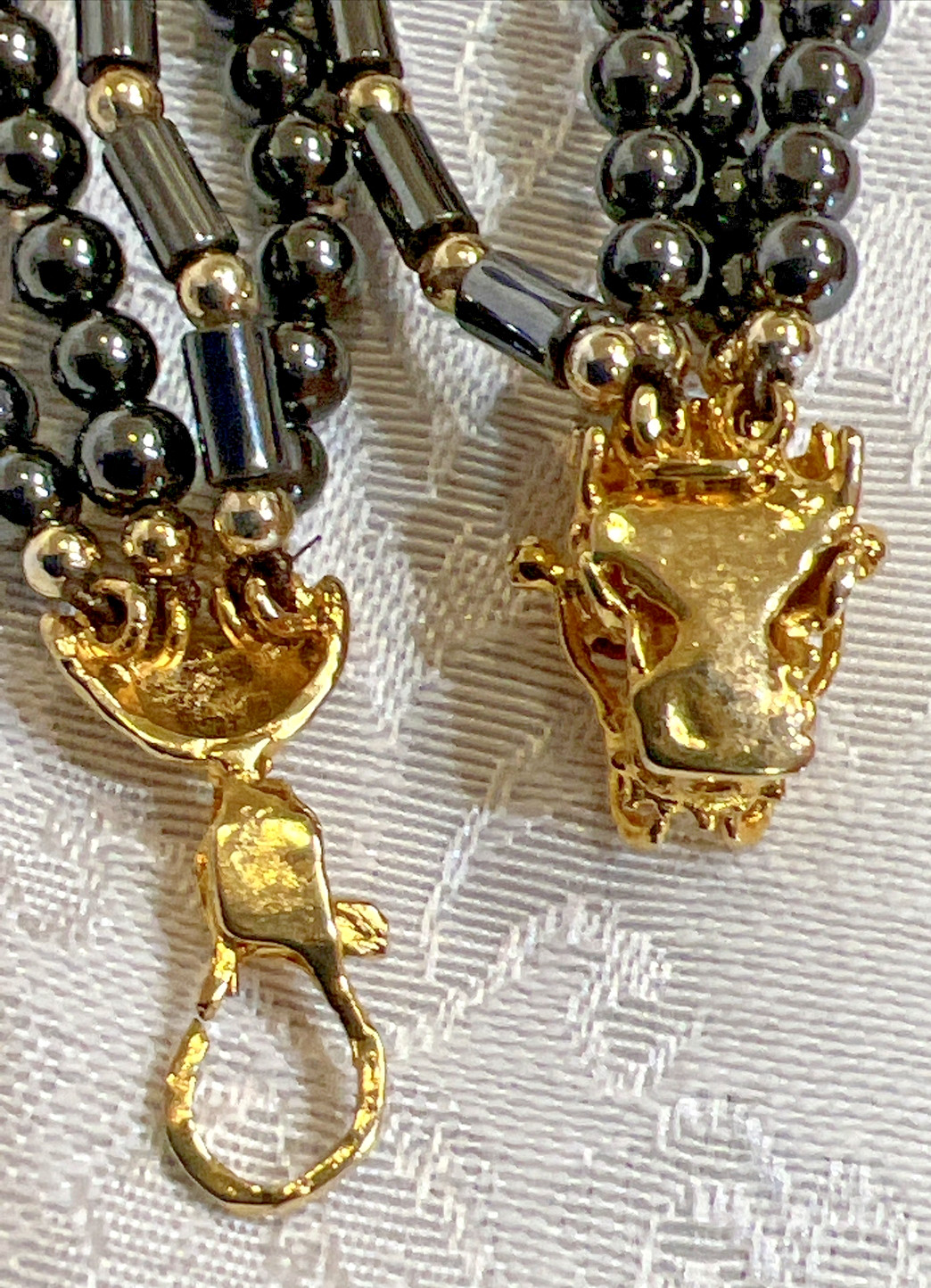 Jo24- Dragon Head Clasp Four Strand Hematite Freshwater Pearl Beaded Necklace