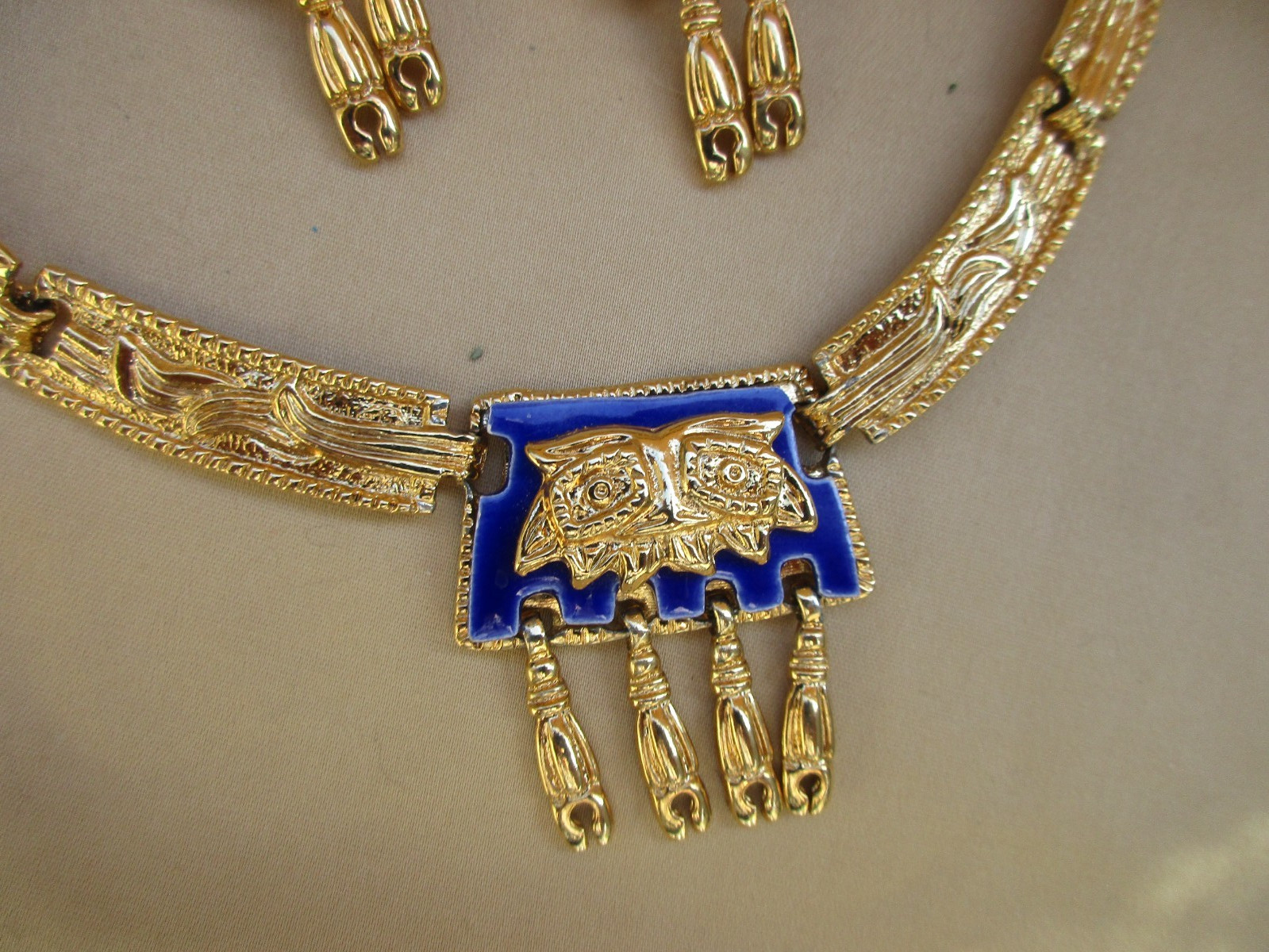 GOLDTONE BLUE ENAMEL NECKLACE & EARRING SET ~ SIGNED ~ MEXICO