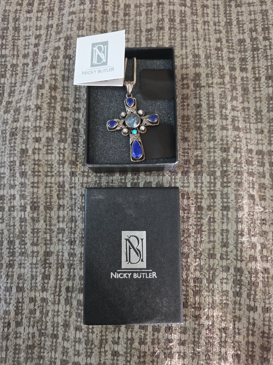 NICKY BUTLER, ‘NB’-Sterling Lapis Labradorite Pearl Cross Pendant Necklace 20″