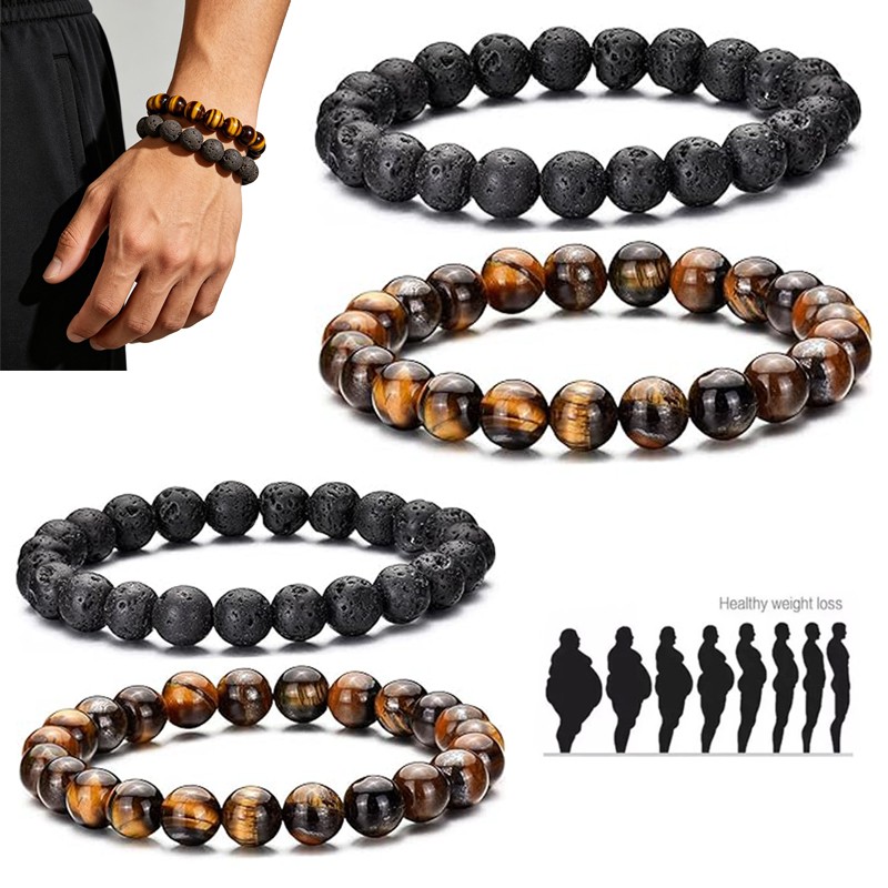 4PCS Men Bracelet Classic Lava Rock Tiger Eye Gem Stone Beaded Healing Boyfriend