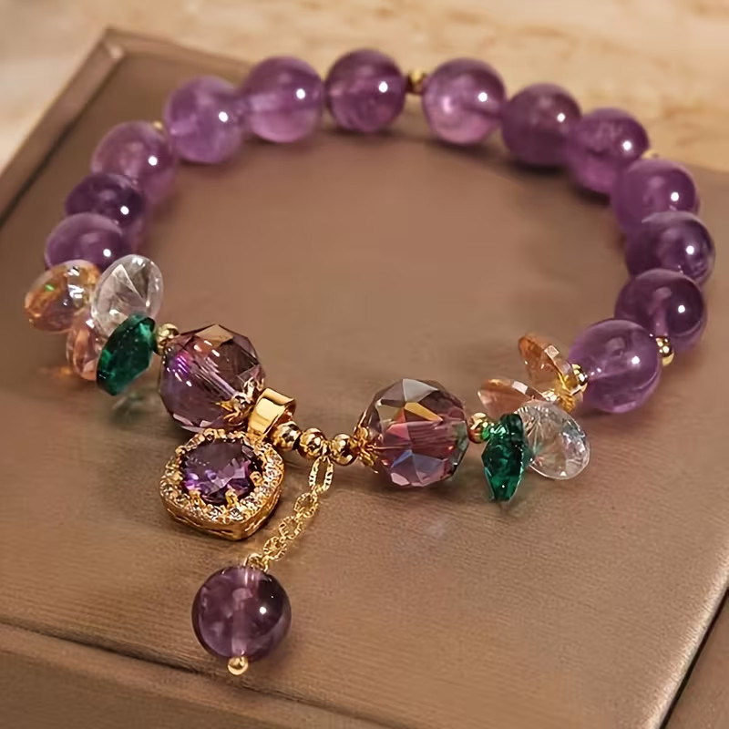 Elegant Purple Beaded Bracelet with Sparkling Crysal Stretchable about 7-8 inch