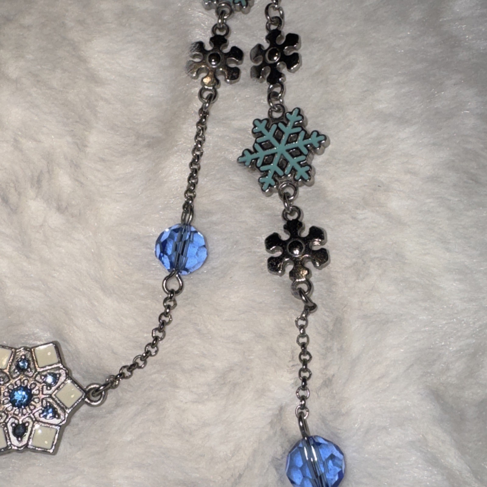 Vintage January Snowman Snowflake Layering Necklace 36 Inches Rhinestone Enamel