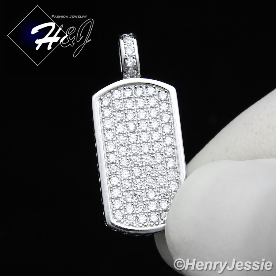 MEN WOMEN SOLID 925 STERLING SILVER ICY BLING CZ SMALL DOG TAG PENDANT*SP56