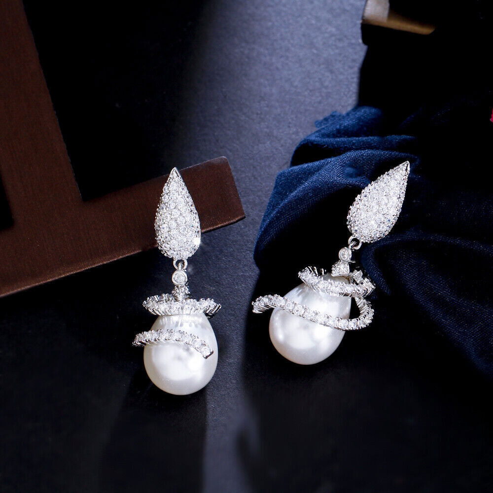 Silver Plated White Symmetrical Rotating CZ Drop Dangle Pearl Earrings for Women