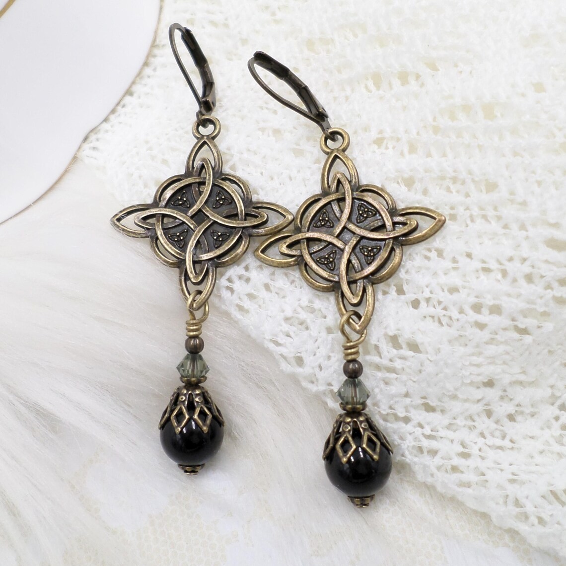 Bronze Celtic Knot Earrings, Black Pearl Gray Crystal Handmade Viking Cosplay