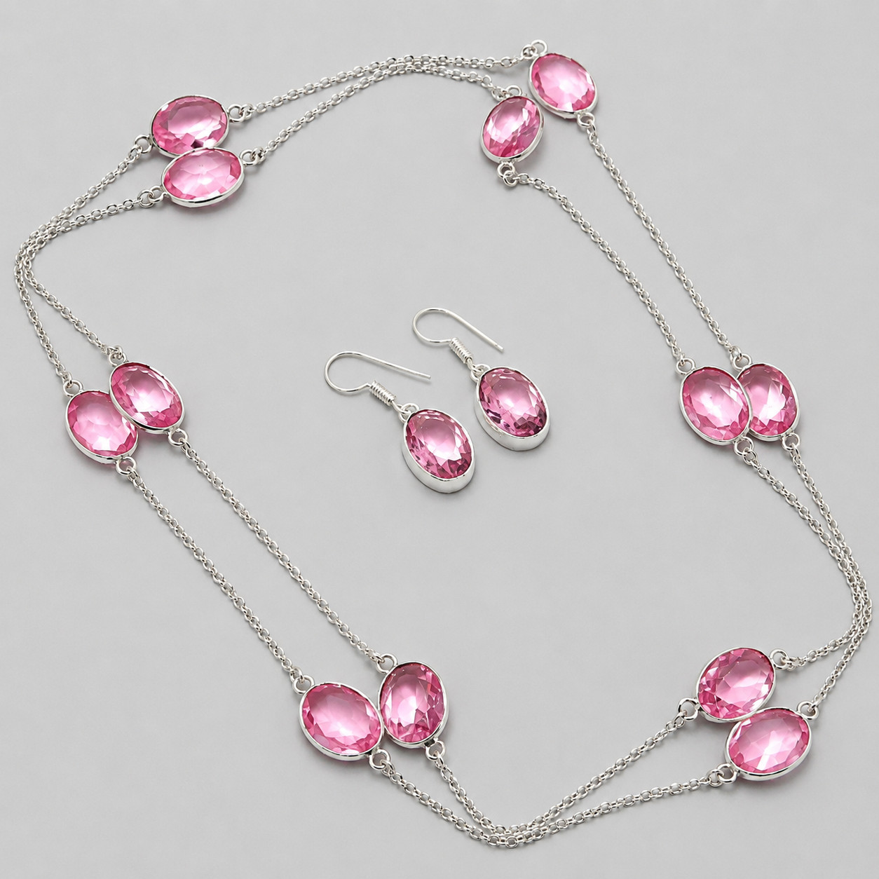 Pink Kunzite Oval Shape Gemstone Handmade Birthday Gift Jewelry Chain+Earrings