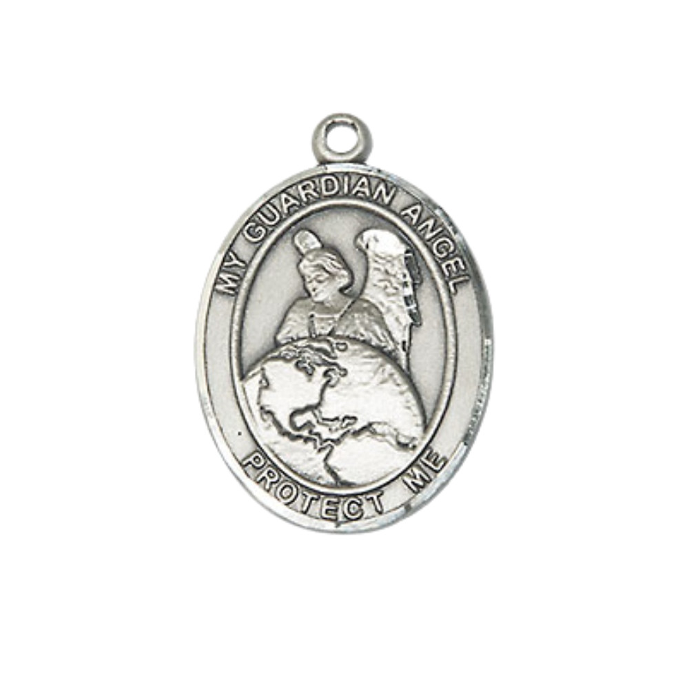 Medium Pewter Guardian Angel Protector Medal 24″ Lobster Claw Chain Necklace