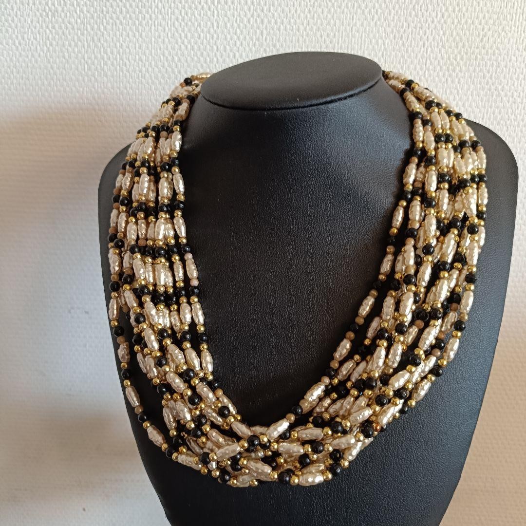 CELINE 12-strand Beaded Necklace Gold White Black Length: 18.1 in.Vintage