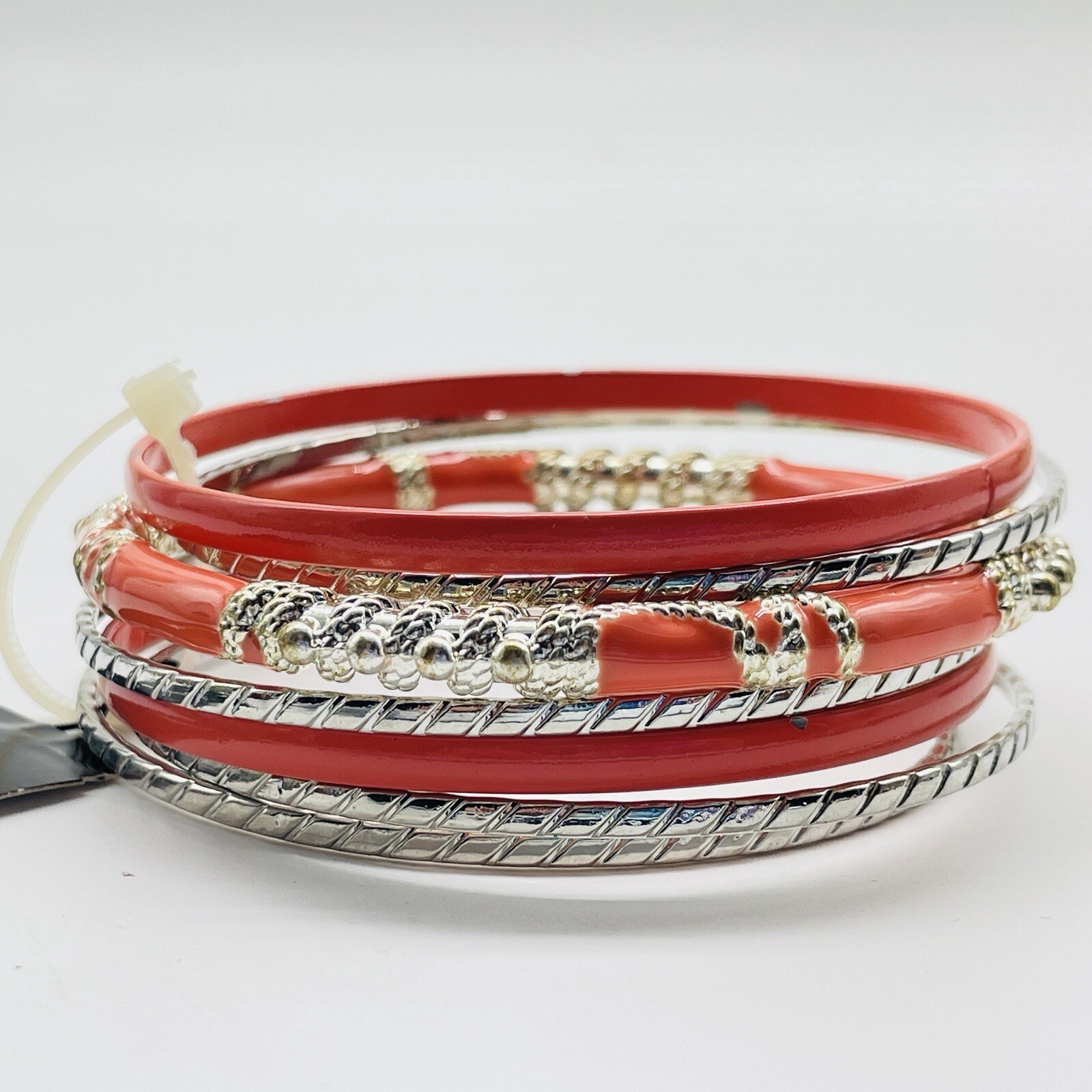 APT 9 Bangle Bracelets Orange White Silver Tone Accent Stackable Set of 7