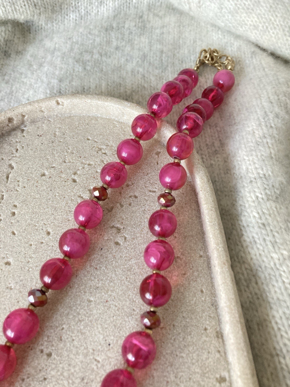 Vintage Raspberry Pink Beaded Necklace Glam Romantic Long Glossy Party Evening