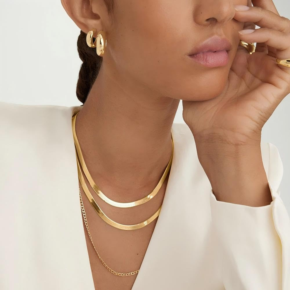 14K Gold Plated Necklaces for Women, Dainty Gold Herringbone Choker Necklace Thi