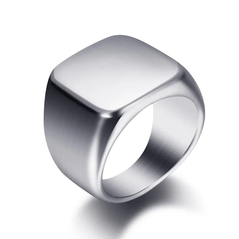 Square Signet Ring Stainless Steel Wide Band Smooth Finish Statement Jewelry
