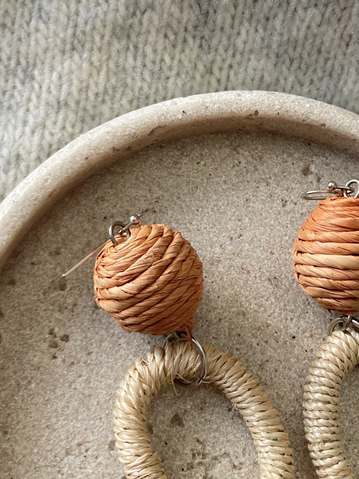 Earthy Boho Earrings Set Of 2 Pair Raffia Hoop Beaded Statement Natural Brown
