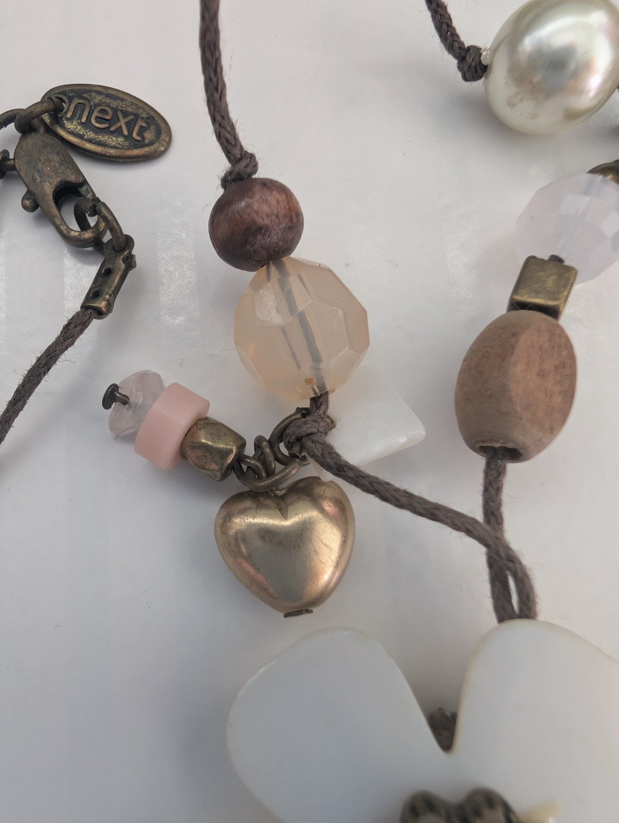 Next Signed Floral Heart Faux Crystal Pearl Wood Beaded Tassel Pendant Necklace