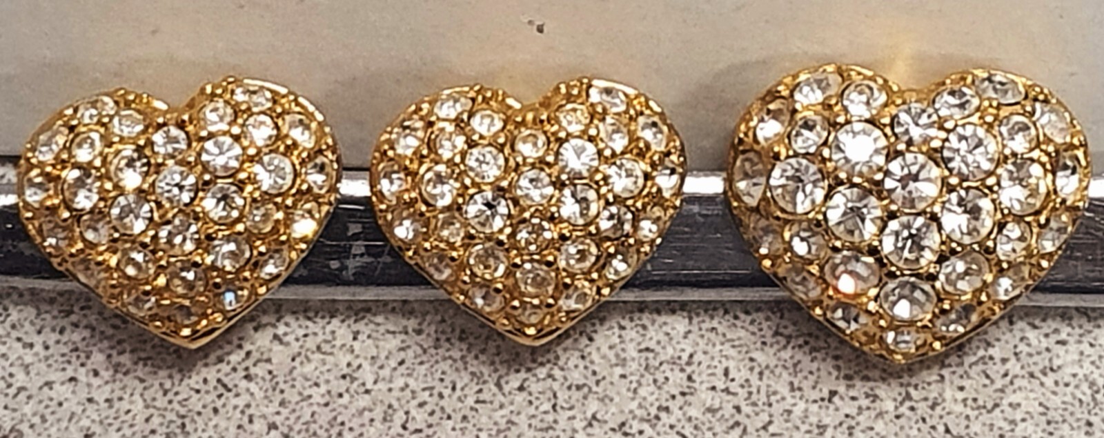 Swarovski Bracelet Charms 3 Heart Shaped Clear Crystals Gold Tone 20mm, 16mm
