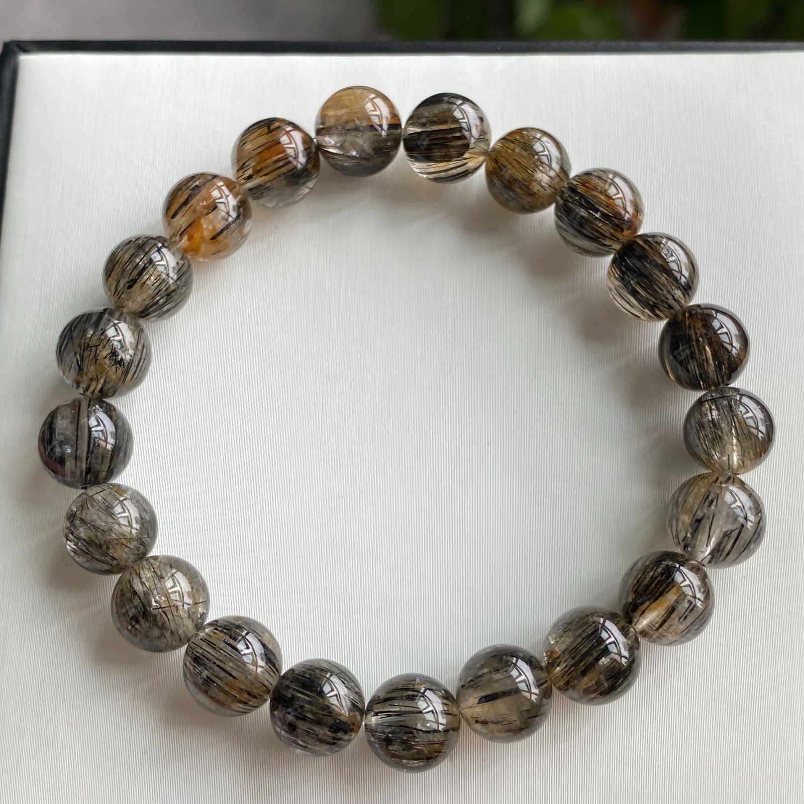 9.3mm Natural Black Rutilated Quartz Crystal Beads Bracelet 1996