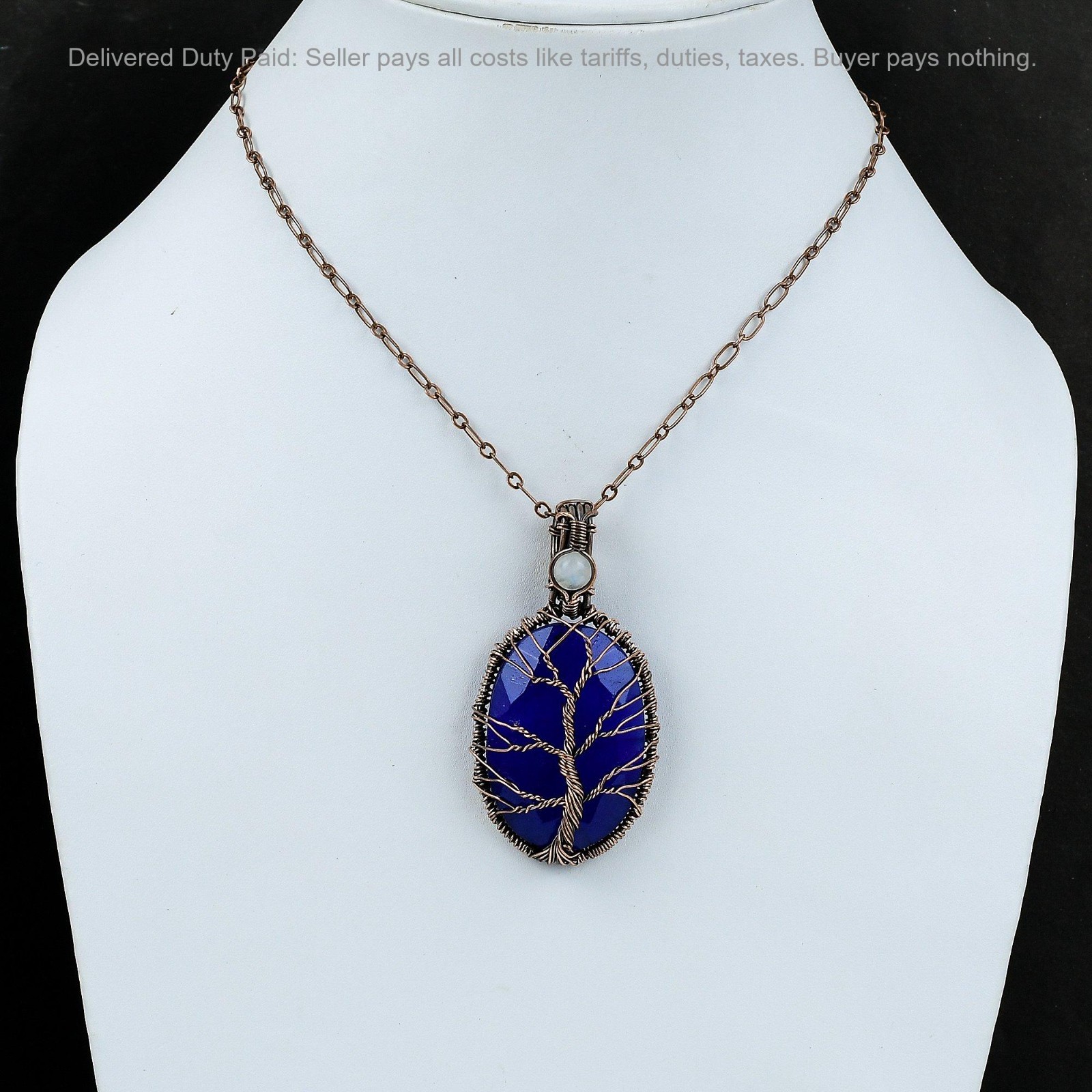 Blue Saphire Stone Rainbow Moonstone Wire Wrapped Tree Of Life Pendant Copper