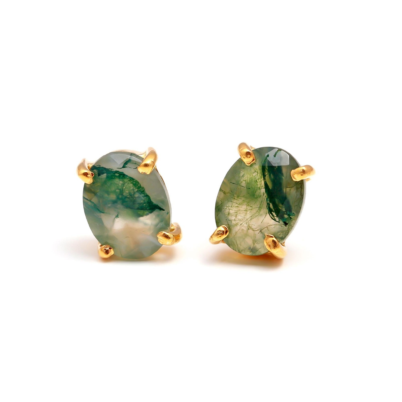 Natural Moss Agate Oval Stud Earrings Gold Plated 925 Sterling Silver Jewelry