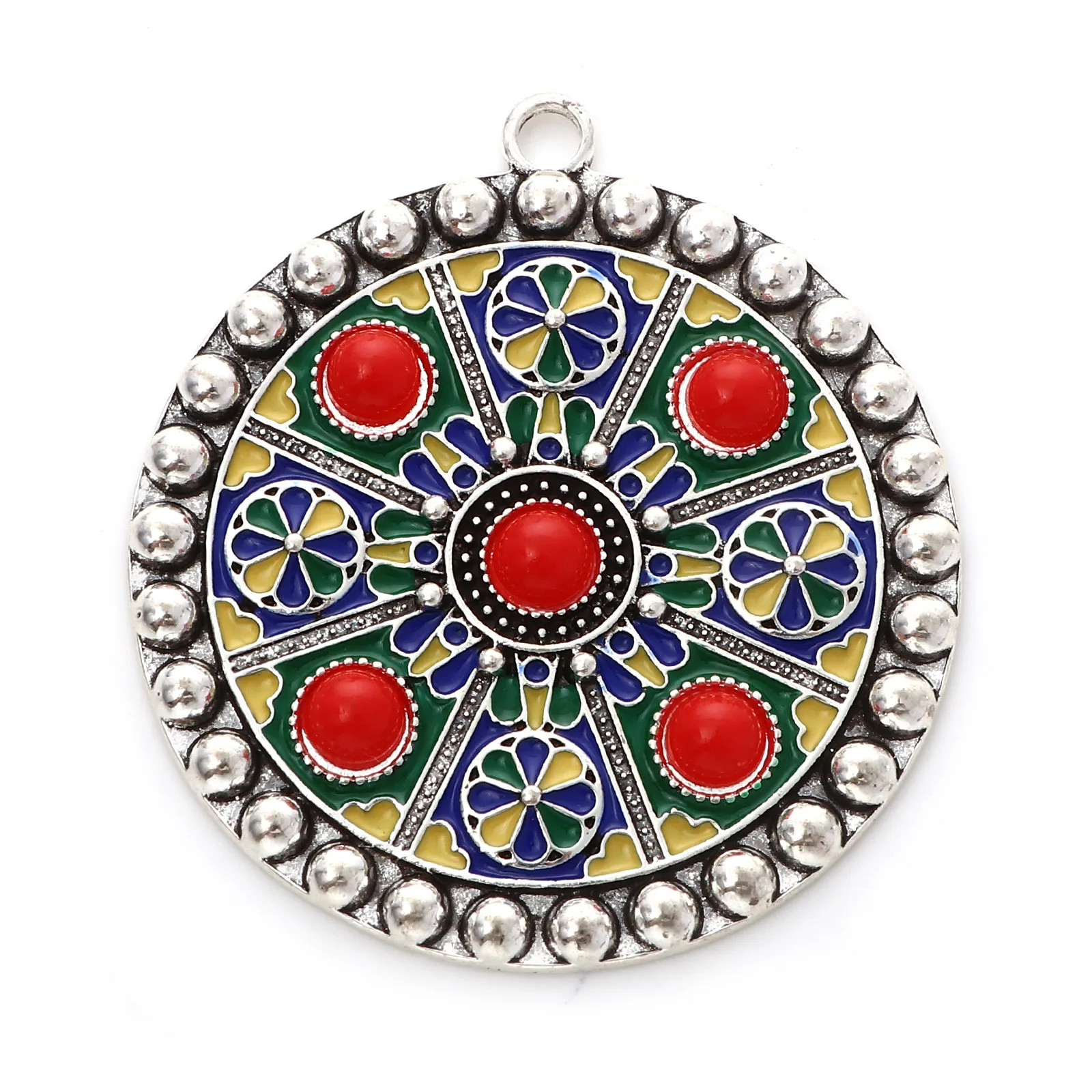 2PCs Bohemian Ethnic Pendants Antique Color Multicolor Enamel Flower Roun