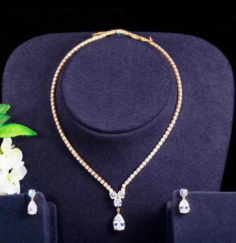 18k Gold Plated Tennis Necklace Earrings Made Simulated Diamond Bridal Jewelry