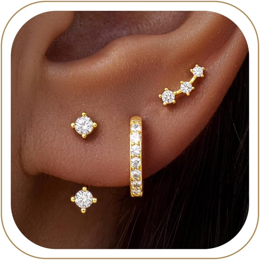 3 Pairs Dainty Small Earrings Set for Women Trendy, Birthstone Stud Huggie Hoop