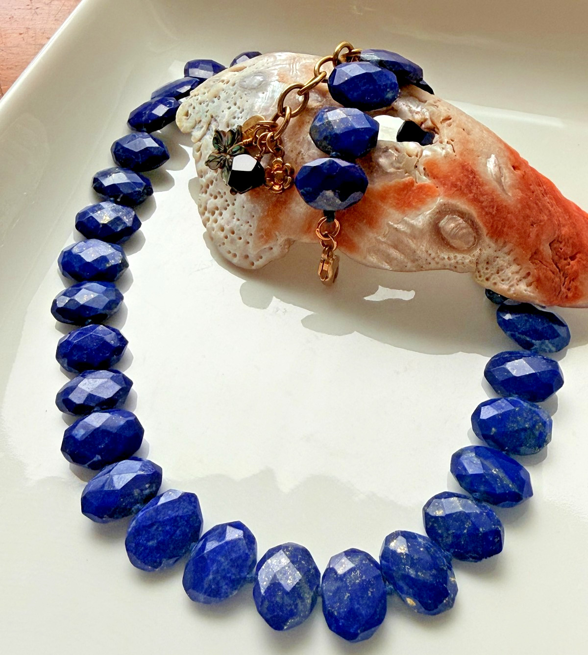Chan Luu Necklace Gold Shimmery Lapis Collar Abalone Onyx Charms Logo Tag New