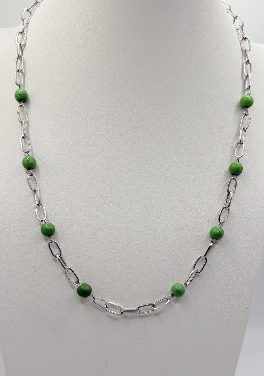 Mojave Green Turquoise Pendant Necklace Bead Station Paperclip Chain 18-20 in