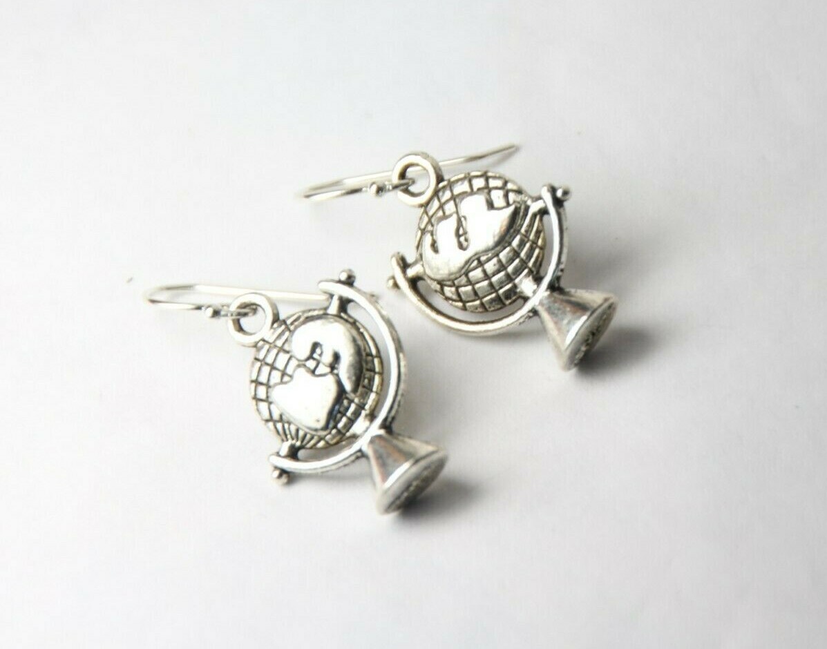 Globe Charm Earrings 925 sterling silver hooks pewter Charms Planet Earth Travel