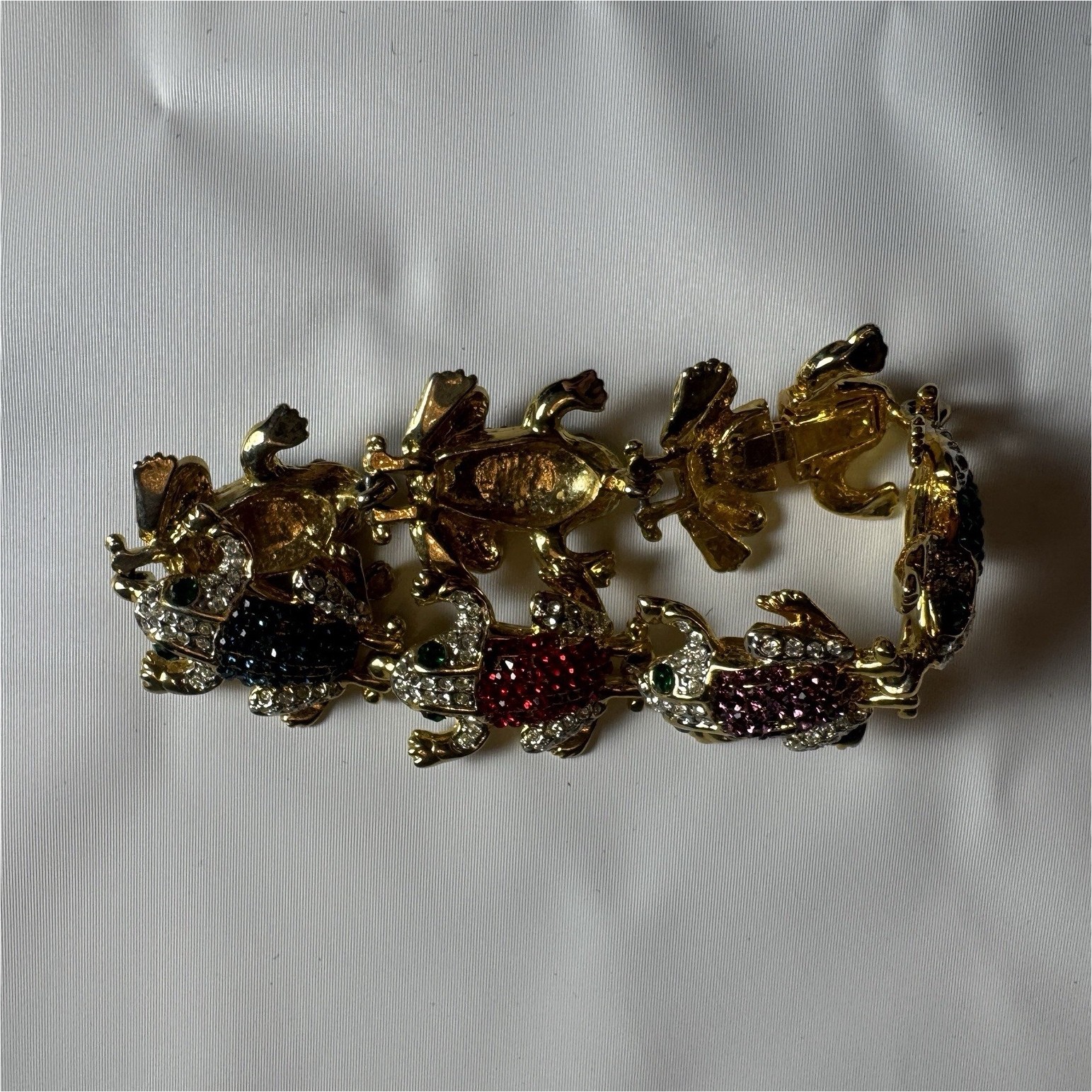 Vintage Frog Link Bracelet Multi Color Rhinestone Gold Tone AS IS TLC