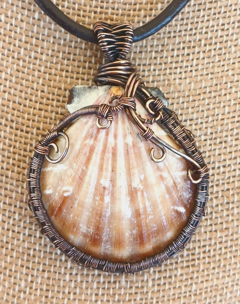 Seashell Necklace, Copper Wrapped Boho Beach, Coastal Necklace ~ Neutral Shades