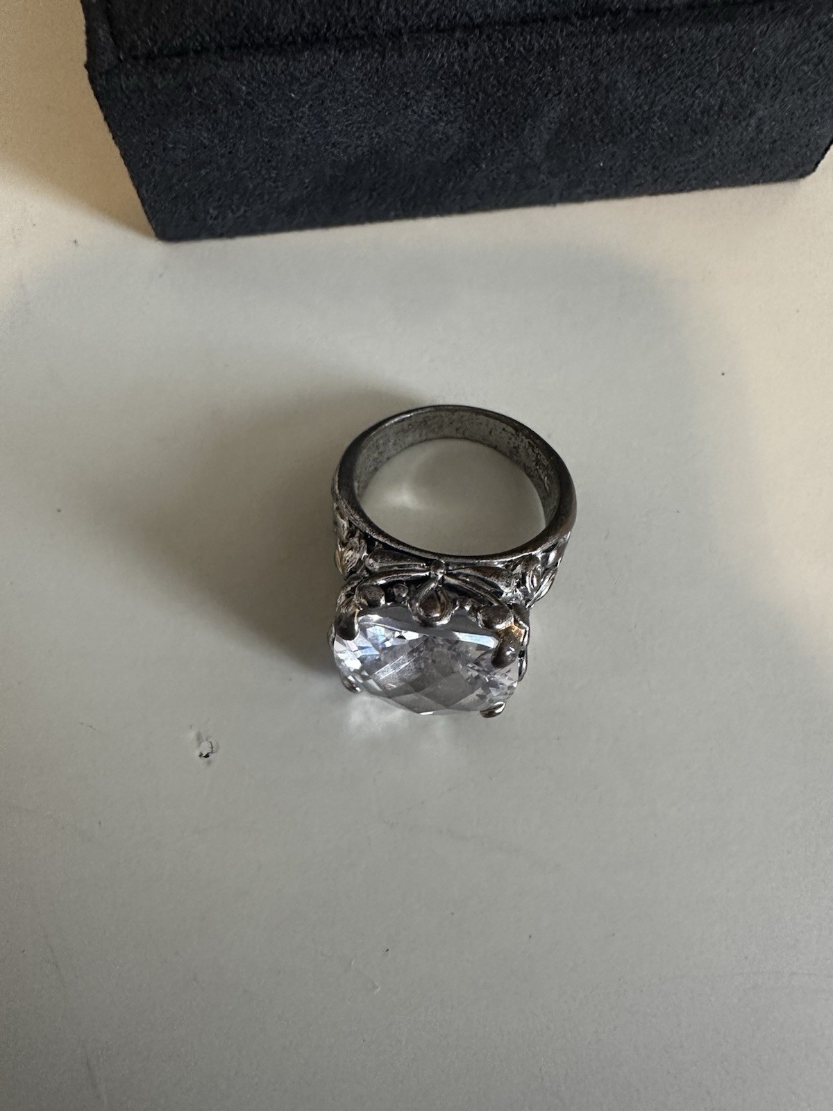 Silver Cocktail Ring with Large Clear Cushion Glass Stone and Ornate Band