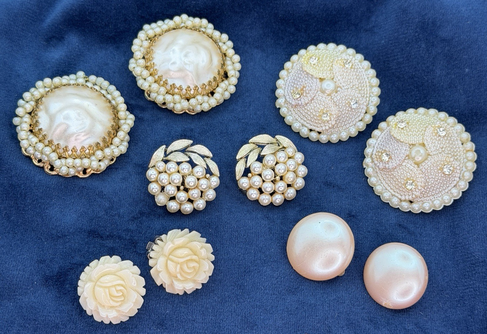 Vintage All Pearl Earrings Jewelry Lot Clip On 5 Pairs Lisner Japan Rose Leaves