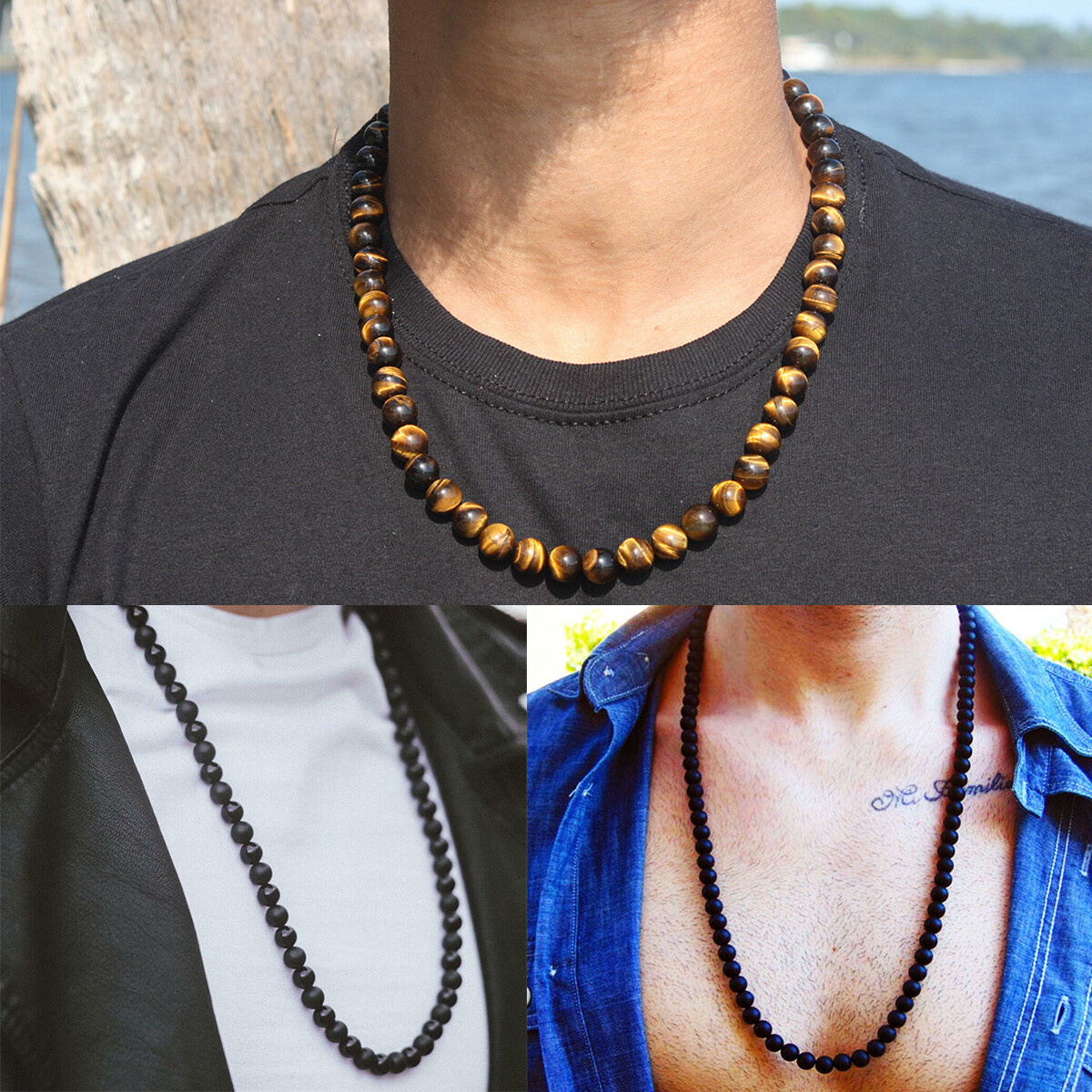 8/10mm Blue Tiger Eye Bead Necklace Hematite Lava Obsidian Triple Necklace 24”