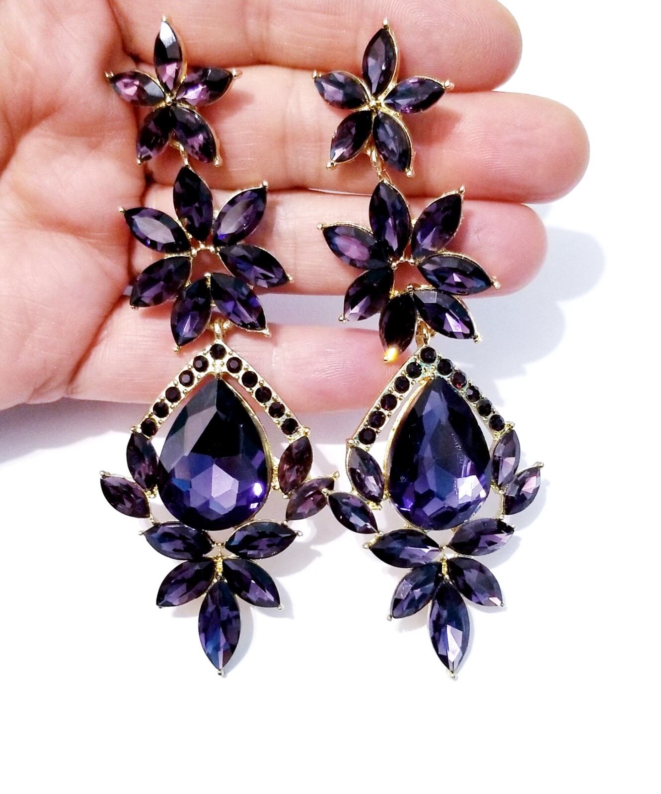Purple Drop Dangle Chandelier Rhinestone Crystal Pageant Prom Earrings 4.2 Inch