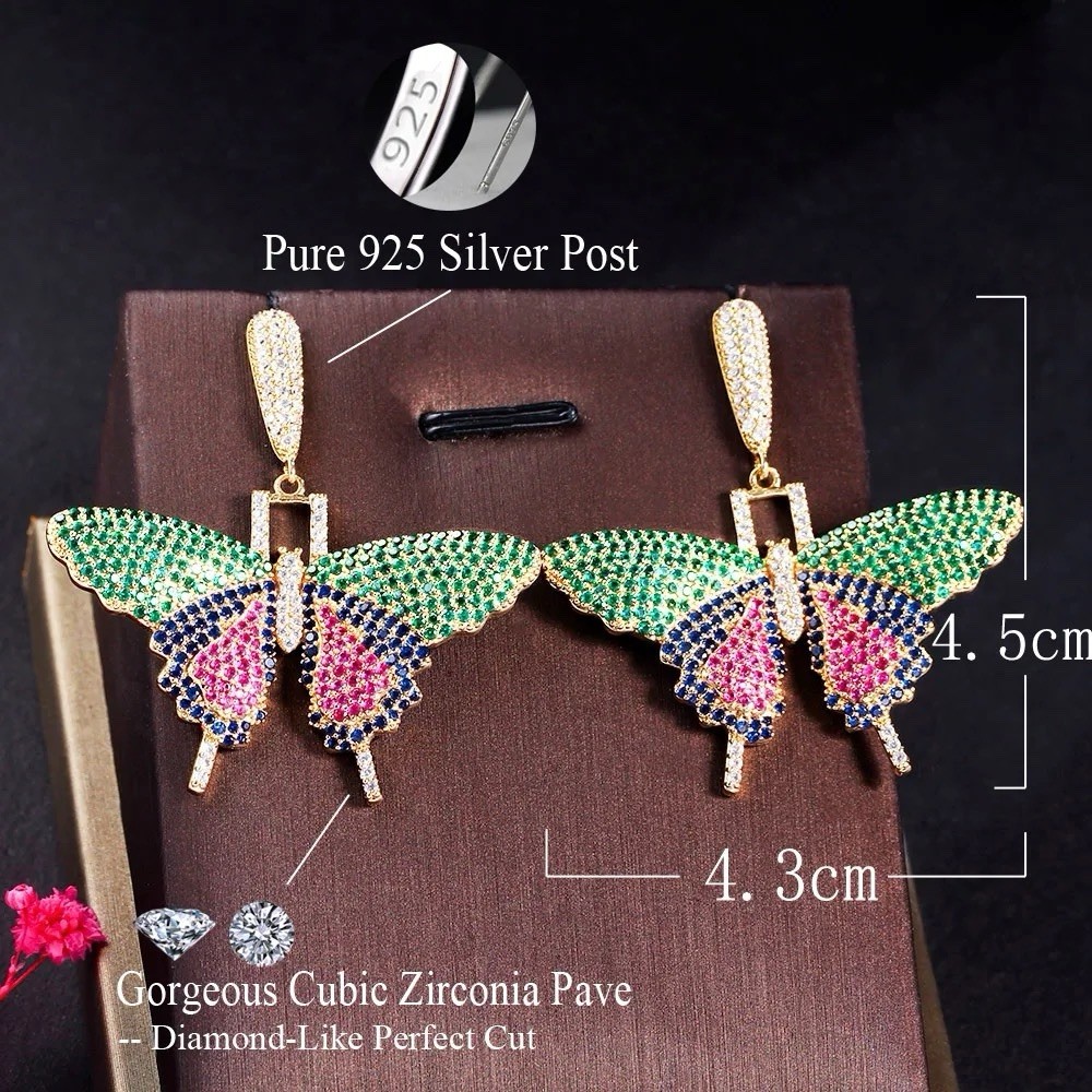 Fancy Multicolor Cubic Zirconia Dangle Drop Big Butterfly Wings Earrings