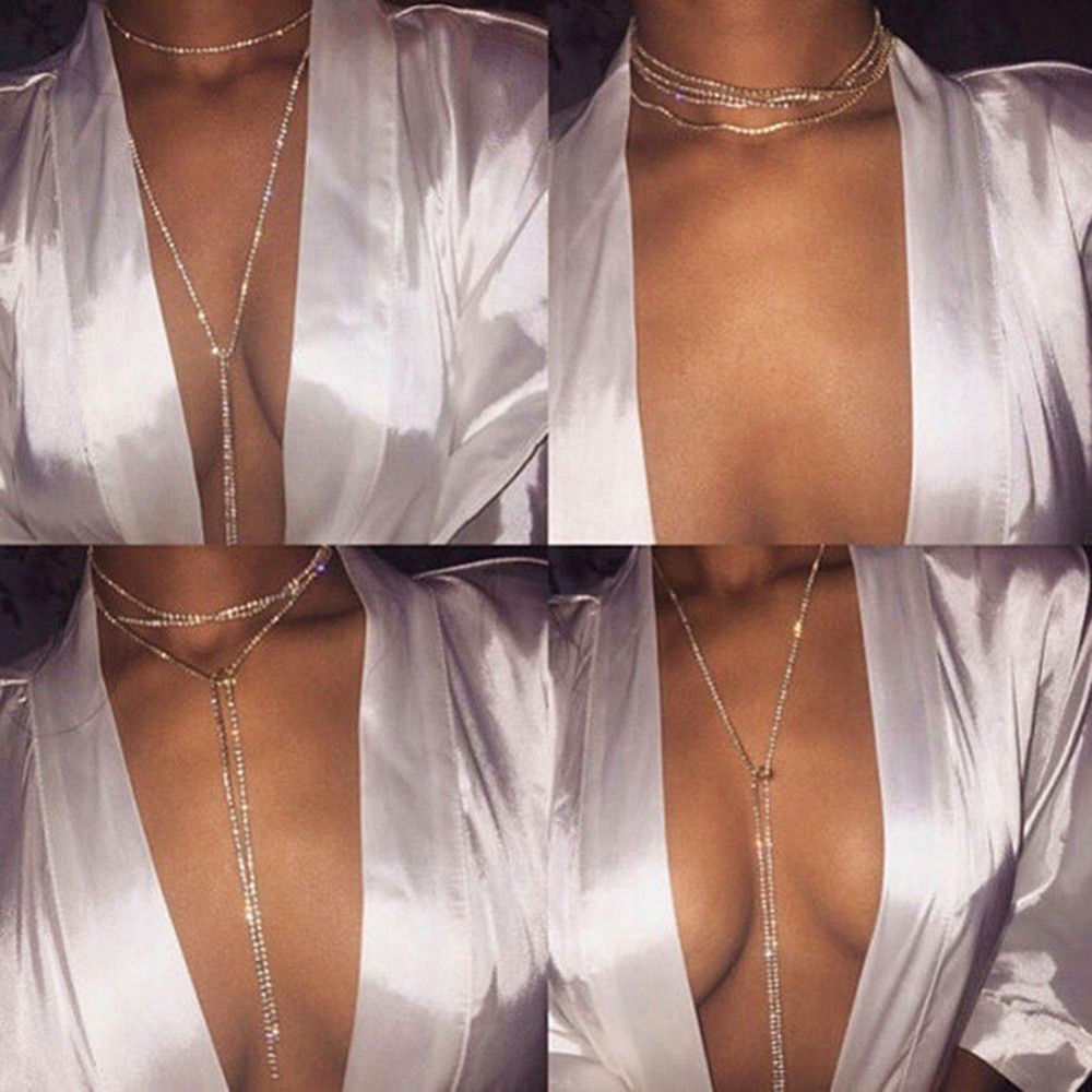 Rhinestone Necklace Lariat Chain Wrap Around Convertible Bling Silver 50in Long