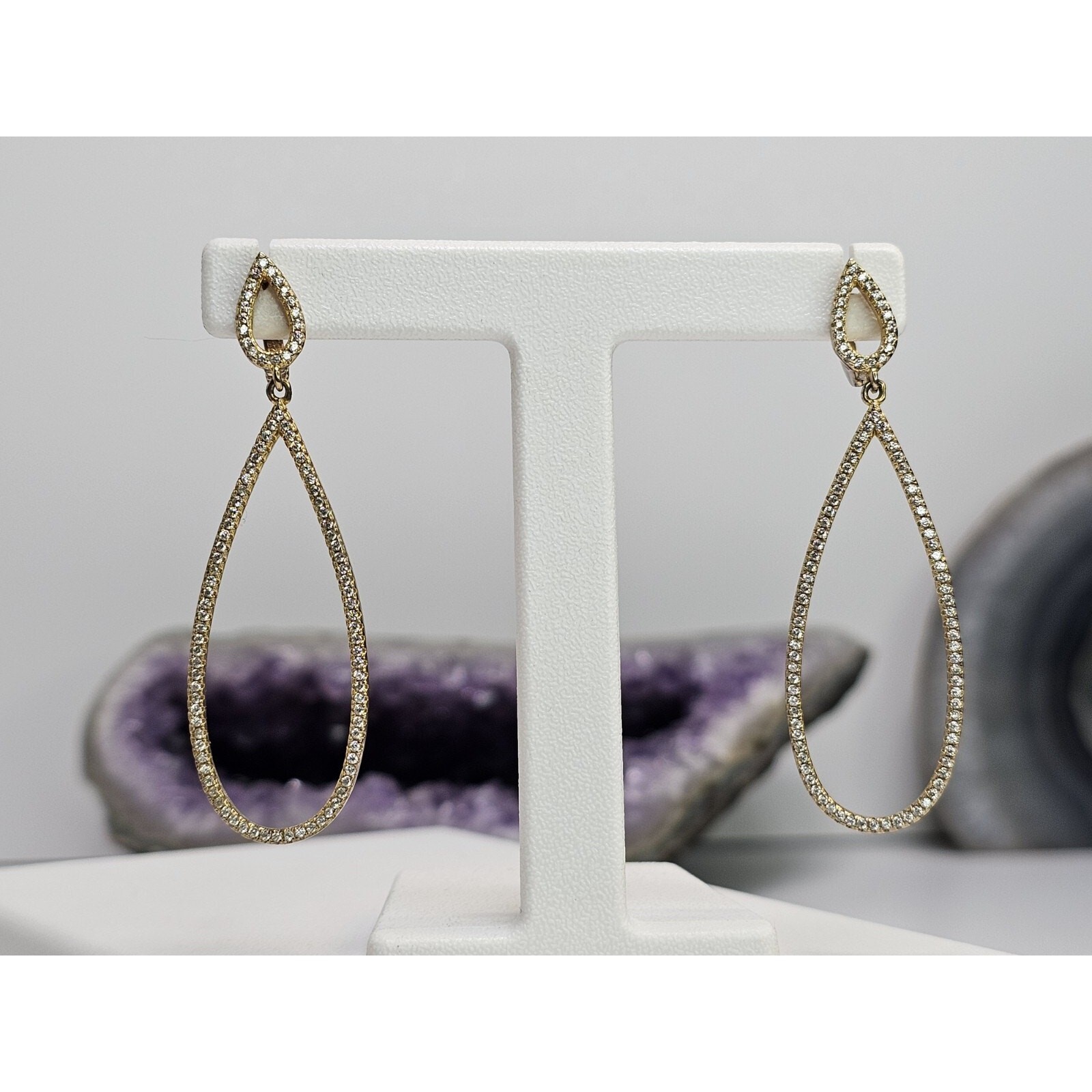 925 Sterling Silver – Gold Plated – CZ Double Halo Drop Earrings [Plating Wear]