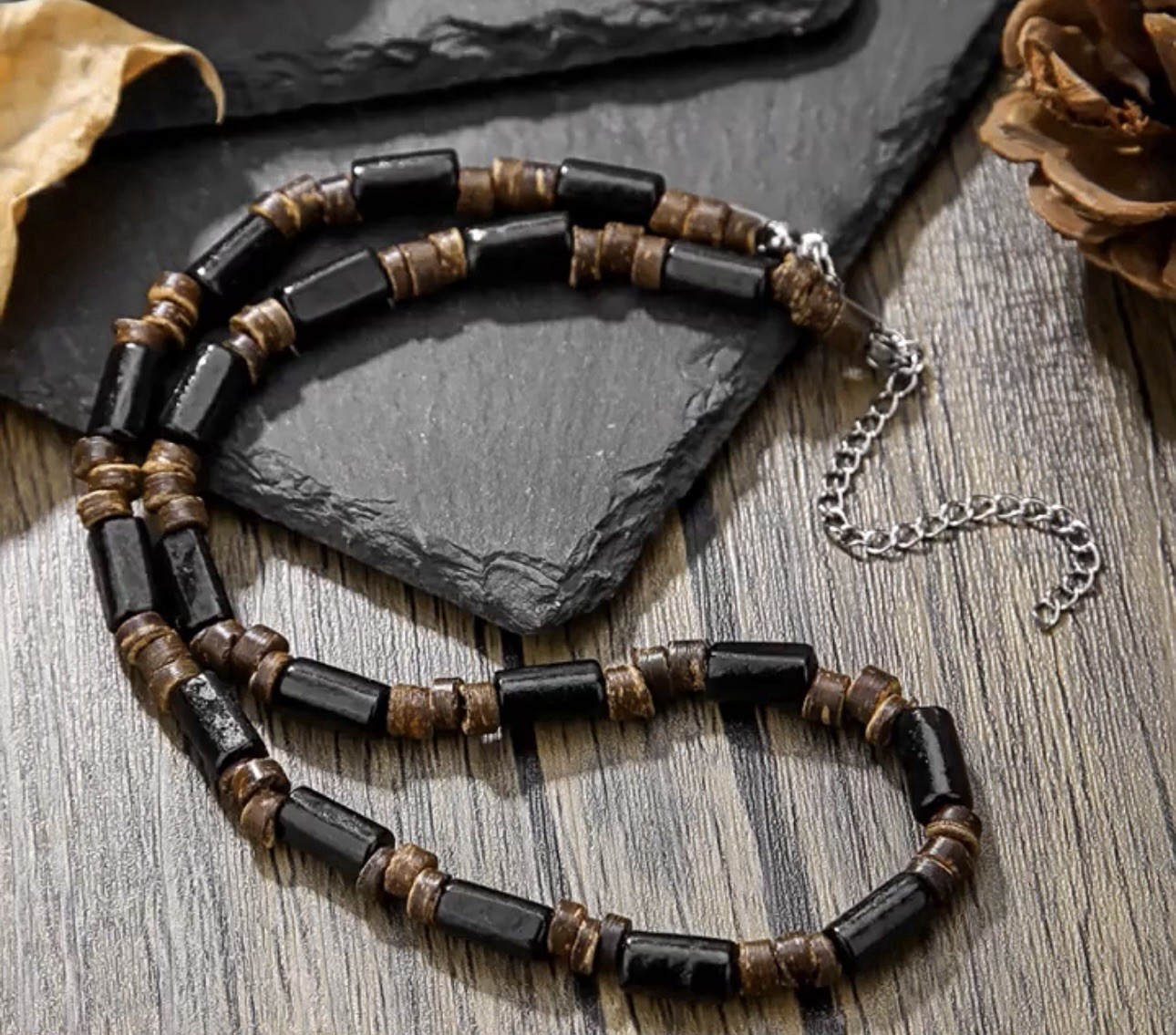 Rasta Surf Style Genuine Real Coconut Wood Beaded Necklace Mens Boys Metal Clasp