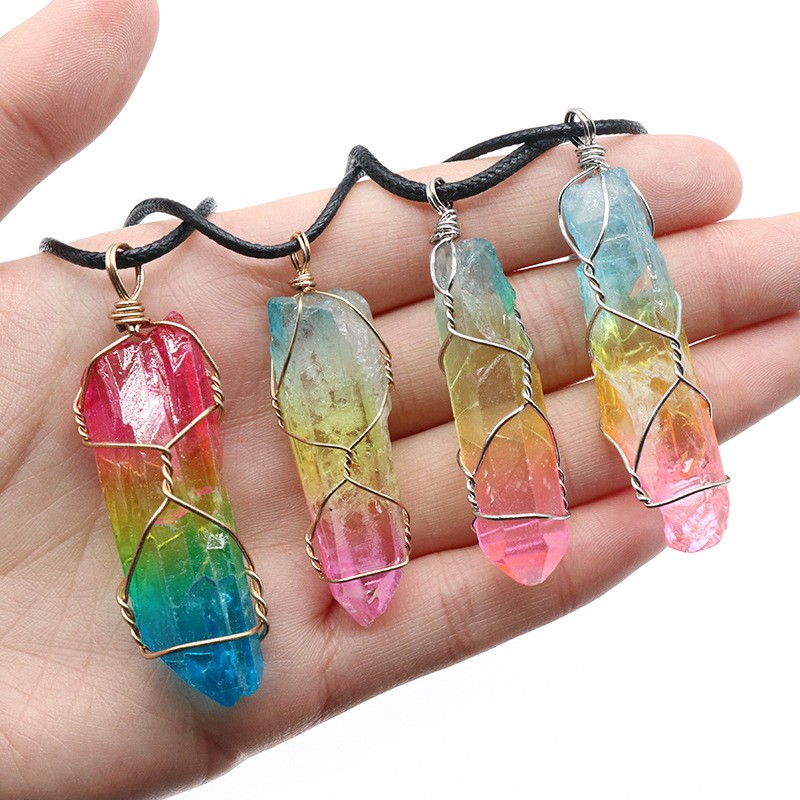 Natural Crystal Pillar Necklace Tree of Life Wire Wrapped Pendant Boho Jewelry