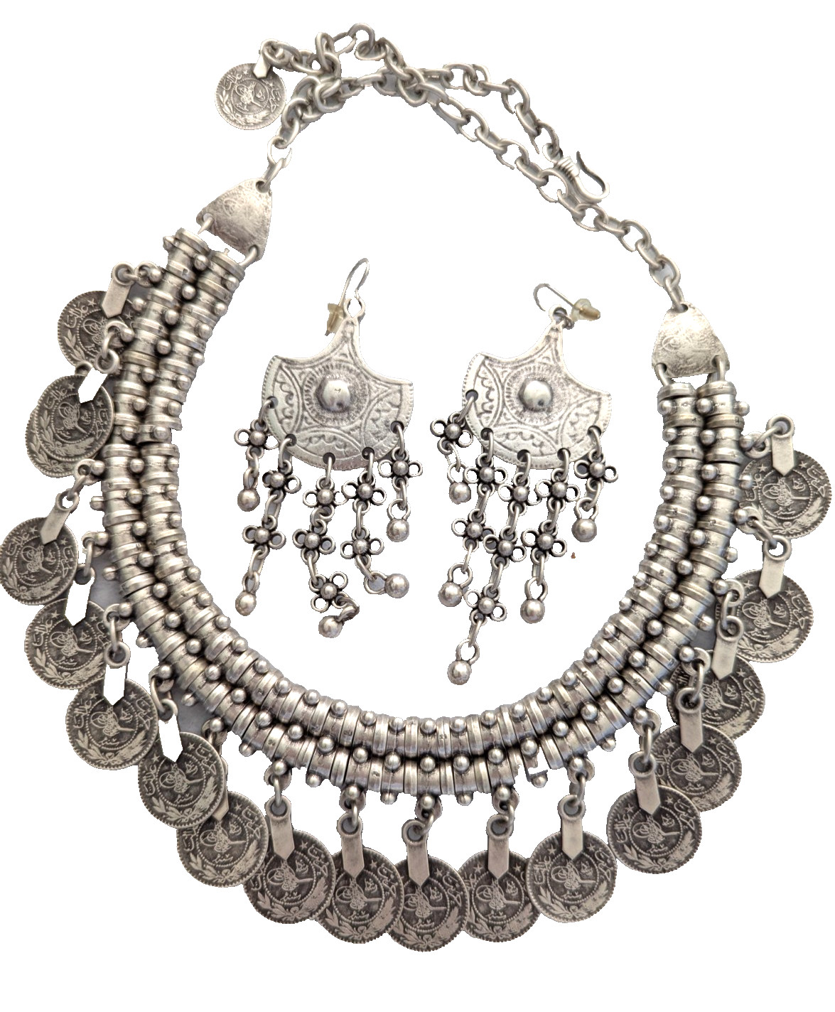 Antique Silver Tone Turkish Ottoman Coin Necklace Earring Dangle Set Never Wore