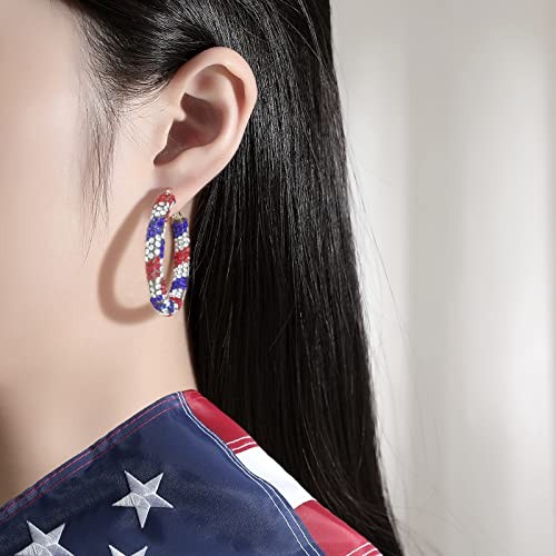 Crystal Hoop Earrings Bohemian Sparkle Resin Red White and Blue Earrings